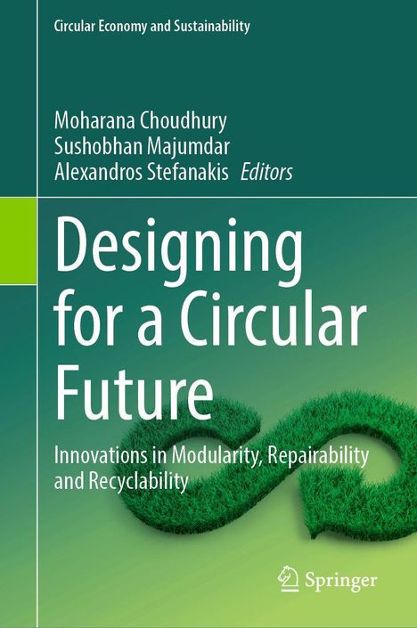 "Designing for a Circular Future" zeigt einen grünen Hintergrund mit einem Recycling-Symbol aus Gras.