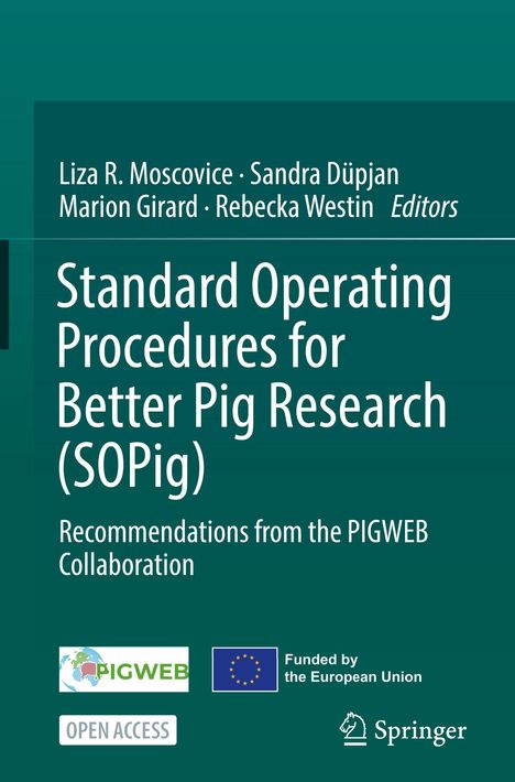 Titel: "Standard Operating Procedures for Better Pig Research (SOPig)". Unten Logos von PIGWEB und EU, Open Access Hinweis.