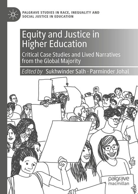 Titel: "Equity and Justice in Higher Education." Illustration von Menschen mit Protestschildern.