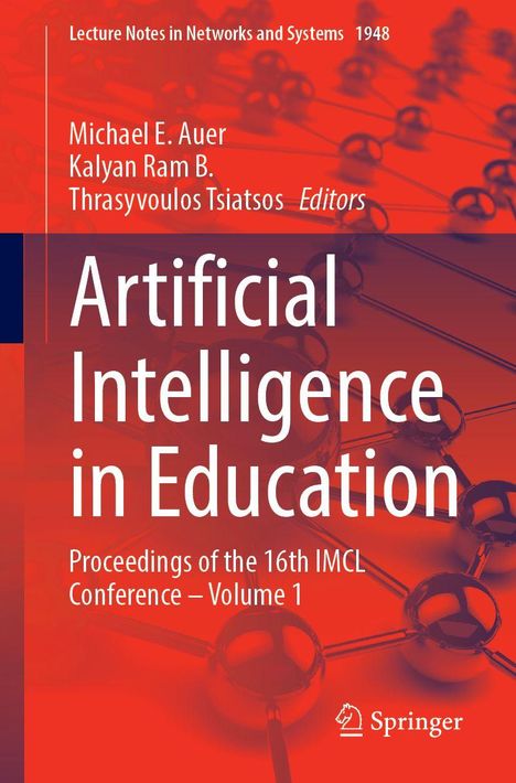 "Artificial Intelligence in Education" steht groß. Hintergrund ist eine rote abstrakte Illustration. Springer-Logo unten.