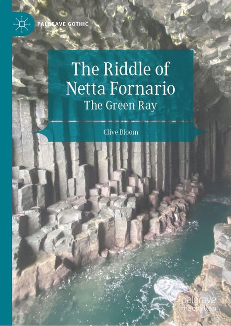 "Titel: The Riddle of Netta Fornario. Untertitel: The Green Ray. Autor: Clive Bloom. Steinige Höhlenlandschaft mit Wasser."