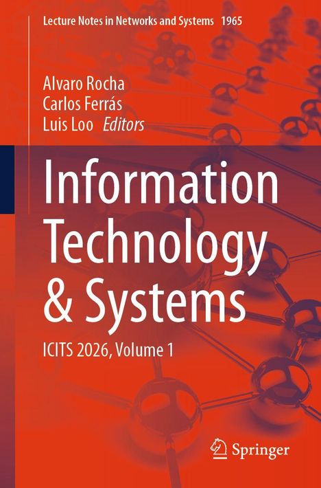 Texte: "Information Technology & Systems", "ICITS 2026, Volume 1". Rotes Design mit schemenhaften molekularen Strukturen.