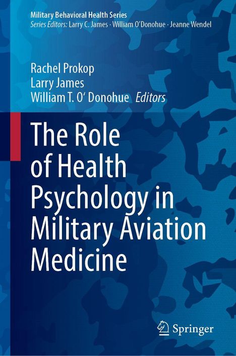 Ein Buchcover mit dem Titel "The Role of Health Psychology in Military Aviation Medicine". Blaue Tarnmuster als Hintergrund.