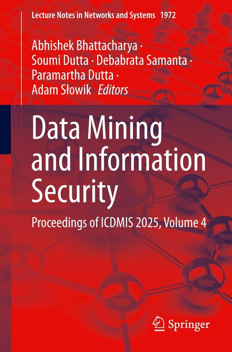 **Data Mining and Information Security: Proceedings of ICDMIS 2025, Volume 4.** Autoren und Herausgeber sind aufgeführt. Im Hintergrund ein abstraktes Muster in Rot. Springer-Logo unten rechts.