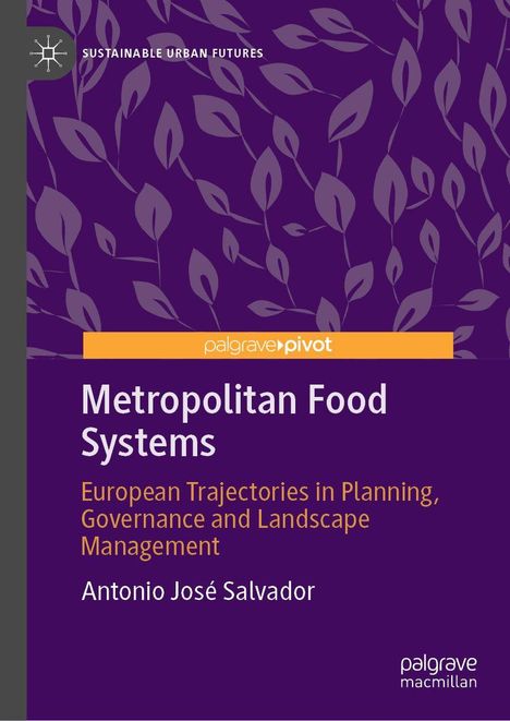 "Metropolitan Food Systems" von Antonio José Salvador. Lila Hintergrund mit stilisierten Blättern.