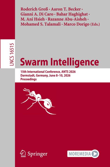 Text oben: Autoren- und Herausgebernamen. Titel: "Swarm Intelligence". Unten: Konferenzdetails 2026. Illustration: Ameise.