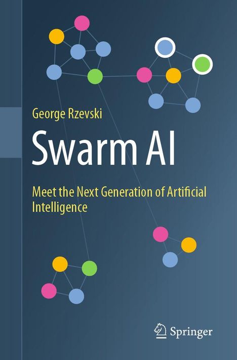 Text: George Rzevski, Swarm AI, Meet the Next Generation of Artificial Intelligence. 

Farbenfrohe Knoten verbunden auf dunklem Hintergrund.