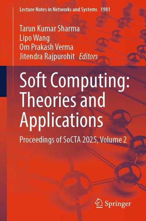 Text: "Soft Computing: Theories and Applications, Proceedings of SoCTA 2025, Volume 2." Roter Hintergrund mit Molekülstruktur.
