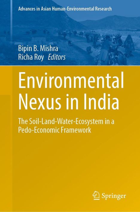 "Environmental Nexus in India", Editoren Bipin B. Mishra, Richa Roy. Gelbes Cover. Oben Berglandschaft in Blau. Springer-Logo.