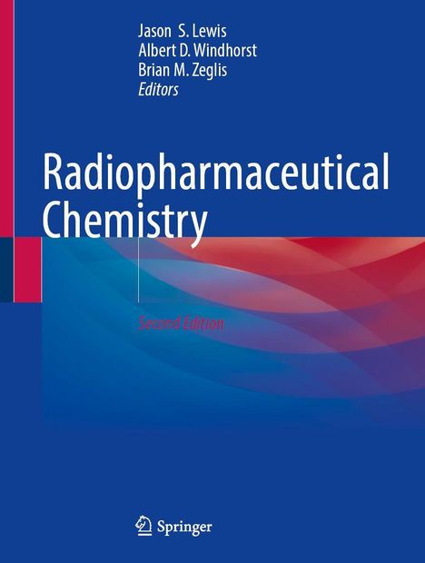 „Radiopharmaceutical Chemistry, Second Edition“ in weißer Schrift auf blauem Hintergrund mit roten und blauen Wellenmustern.