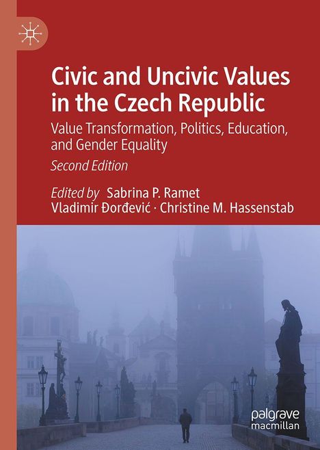 „Civic and Uncivic Values in the Czech Republic“, rote Abdeckung, neblige Brücke mit Statuen und Laternen.
