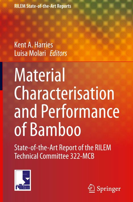 "Material Characterisation and Performance of Bamboo" von Harries und Molari. Oben Farbverlauf in Rot-Orange, unten Logos.