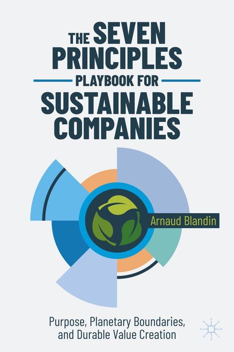 Text: "THE SEVEN PRINCIPLES PLAYBOOK FOR SUSTAINABLE COMPANIES" von Arnaud Blandin. Illustration: Kreisdiagramm mit Blättern.