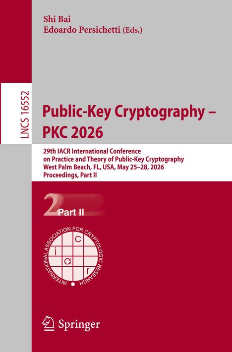 „Public-Key Cryptography – PKC 2026“ und „29th IACR International Conference...“ auf grauem und rotem Hintergrund.