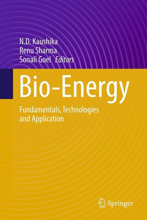 „Bio-Energy: Fundamentals, Technologies and Application.“ Design in Lila und Gelb mit konzentrischen Kreisen, Springer-Logo.