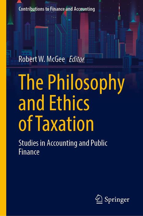 "The Philosophy and Ethics of Taxation" von Robert W. McGee. Illustration einer stilisierten Skyline bei Nacht.