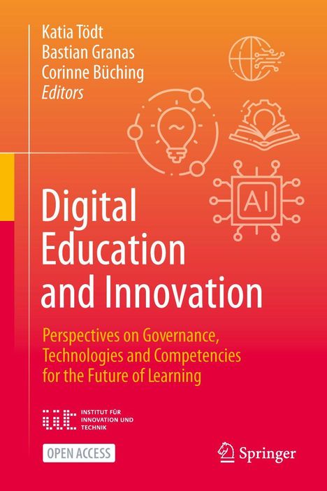 „Digital Education and Innovation“ in großen weißen Buchstaben. Gelb-roter Hintergrund, Symbole: Glühbirne, AI-Chip.