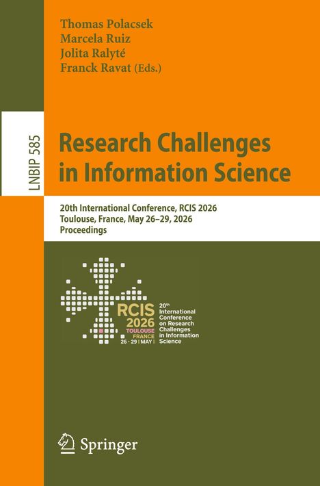 Rechts gelber Text: "Research Challenges in Information Science". Unten geometrisches Muster und Springer-Logo.