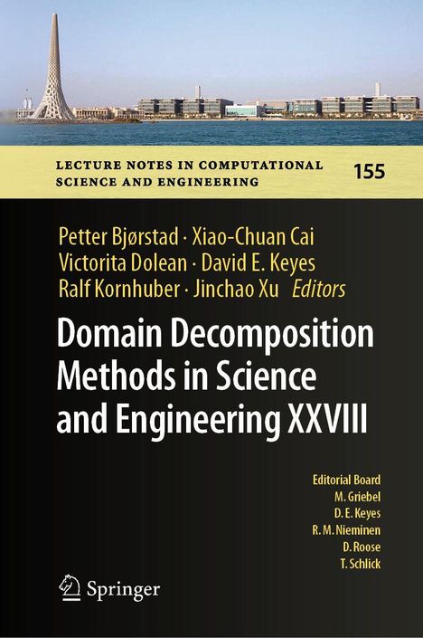 "Domain Decomposition Methods in Science and Engineering XXVIII" steht auf dem Buchcover mit Skyline und Gewässer.