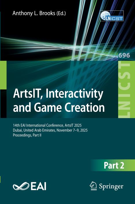 "ArtsIT, Interactivity and Game Creation", Tech-Konferenzdetails, dynamisches Linienmuster, Logos der EAI und Springer.
