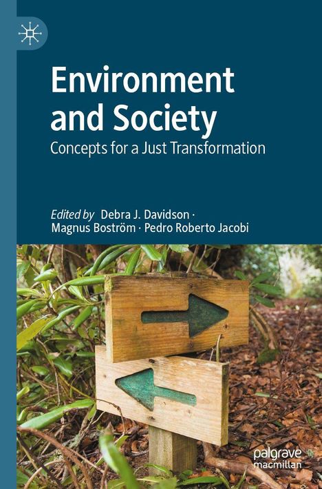 "Environment and Society: Concepts for a Just Transformation" über einem Foto mit Holzwegweisern im Wald.