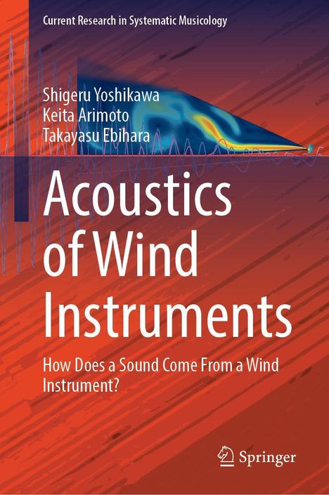 "Acoustics of Wind Instruments" von Shigeru Yoshikawa. Abstrakte Farben, rot-blau, und Wellenform. Springer-Logo.