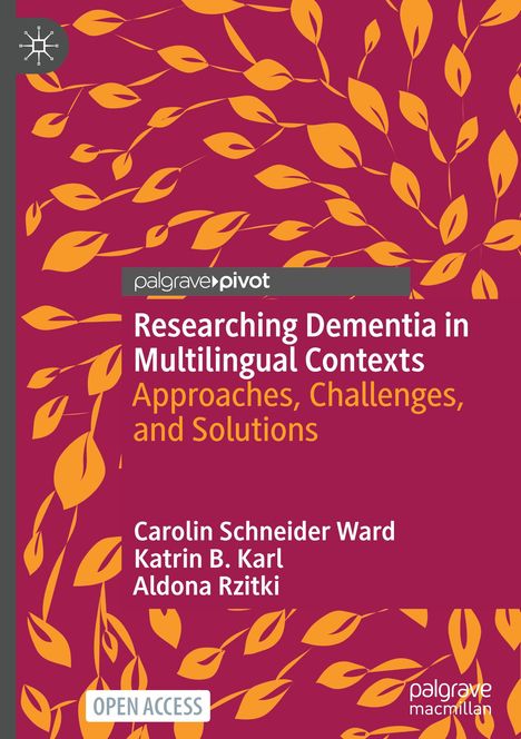 Titel: "Researching Dementia in Multilingual Contexts". Orangene Blätter auf rotem Hintergrund.