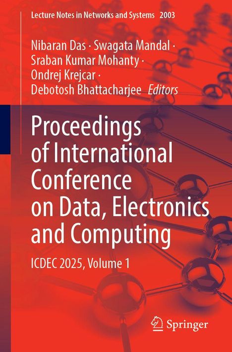"Proceedings of International Conference on Data, Electronics and Computing. ICDEC 2025, Volume 1." Rotes Design mit Molekularstruktur.