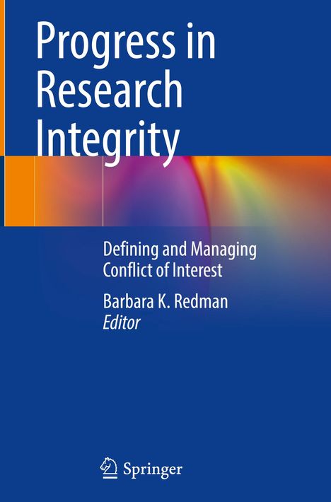 "Progress in Research Integrity" und "Defining and Managing Conflict of Interest" auf einem blauen Hintergrund mit bunten Akzenten.
