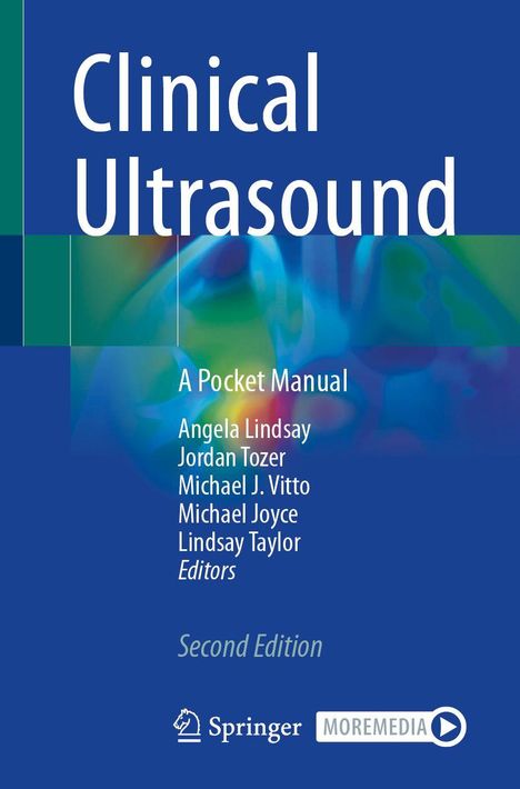 „Clinical Ultrasound: A Pocket Manual,“ Autoren: Angela Lindsay, Jordan Tozer, Michael J. Vitto; blaue und grüne Farbgestaltung.