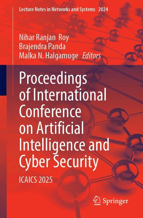 Titel: Proceedings of International Conference on Artificial Intelligence and Cyber Security. Rote Molekül-Illustration.