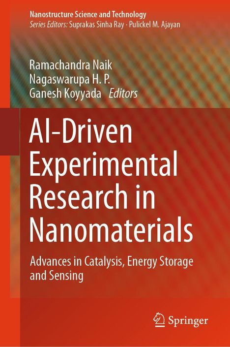 Titel: AI-Driven Experimental Research in Nanomaterials. Thema: Katalyse, Energiespeicherung, Sensorik. Autorinnen: Ramachandra Naik, Nagaswarupa H. P., Ganesh Koyyada. Logo: Springer.