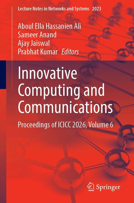 Buchtitel: "Innovative Computing and Communications". Titelbild mit molekülartigen Strukturen in Rot. Springer-Logo unten.