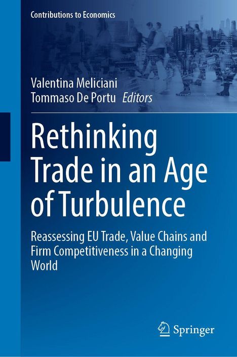 Buchcover: "Rethinking Trade in an Age of Turbulence", Herausgeber: Meliciani, De Portu, Springer-Logo unten.