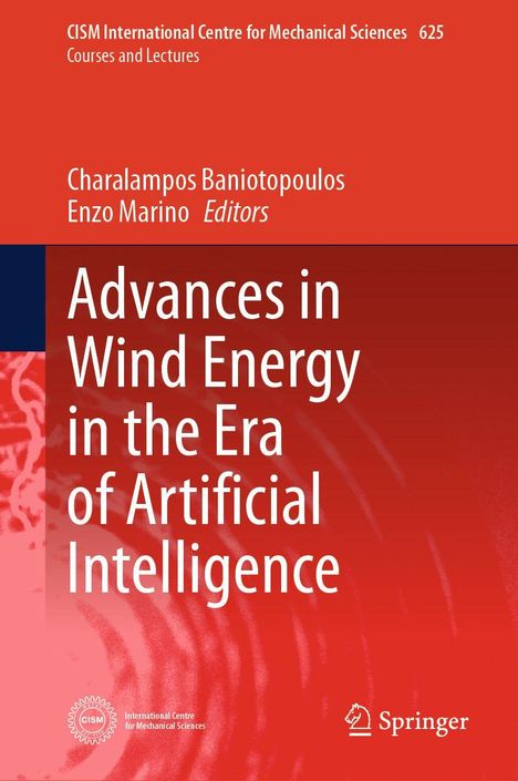 Titel: "Advances in Wind Energy in the Era of Artificial Intelligence." Autoren: Charalampos Baniotopoulos, Enzo Marino. Roter Hintergrund. Springer-Logo.