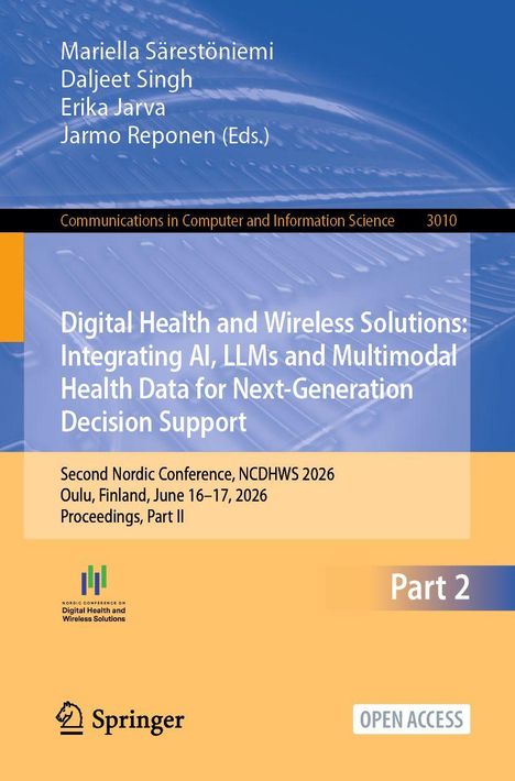 Ein Buchcover mit den Namen der Herausgeber, Titel über digitale Gesundheitslösungen und Konferenzdetails. Enthält Logos.