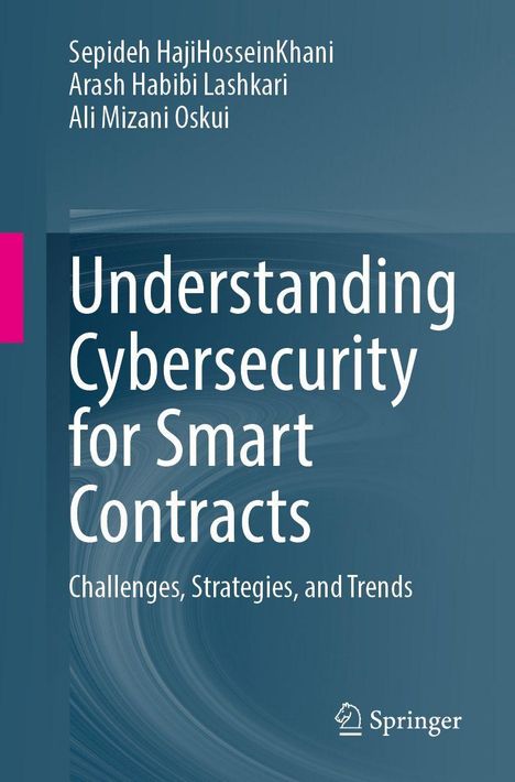 Titel: "Understanding Cybersecurity for Smart Contracts: Challenges, Strategies, and Trends." Blaue abstrakte Wellen im Hintergrund.