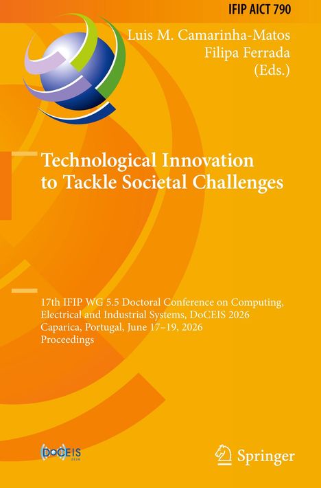"Technological Innovation to Tackle Societal Challenges" vor orangefarbenem Hintergrund mit abstrakten Formen und einem Logo.