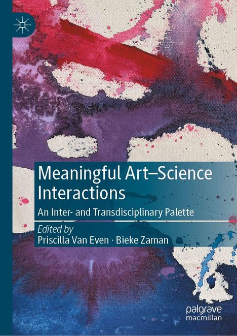 „Meaningful Art–Science Interactions“; bunte, abstrakte Malerei mit großen roten, violetten und weißen Farbflecken.