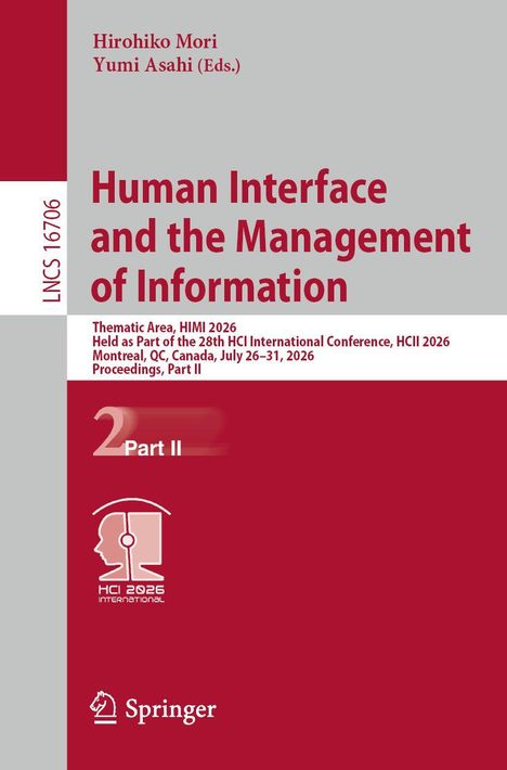 Human Interface and the Management of Information, LNCS 16706, HCI 2026, Springer, rotes und graues Design mit Logos.
