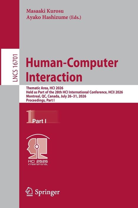 Titel: Human-Computer Interaction. Autoren: Masaaki Kurosu, Ayako Hashizume. HCI 2026 Konferenzdetails. Springer Logo unten.