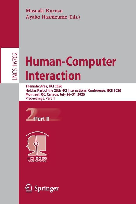 Text: "Human-Computer Interaction", "Masaaki Kurosu, Ayako Hashizume (Eds.)", "HCI 2026", "Springer".  
Bild: Logo mit Kopfprofil.