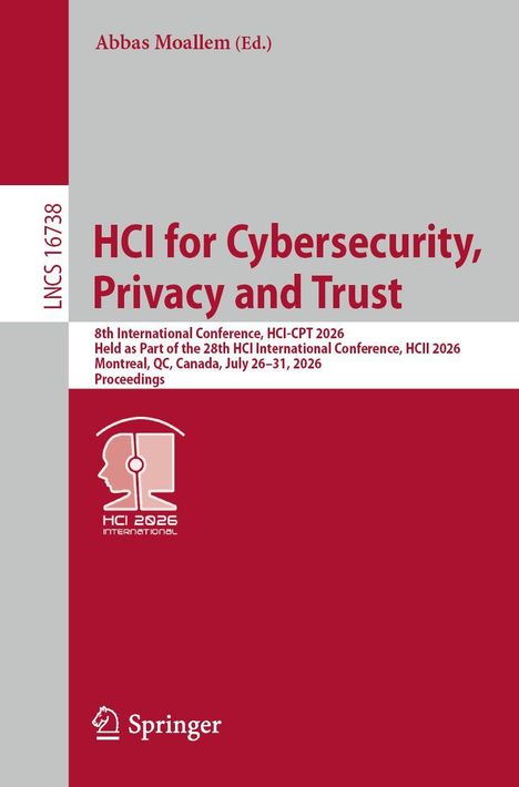 Text im Bild: "HCI for Cybersecurity, Privacy and Trust", Konferenzdetails und Springer-Logo mit stilisiertem Kopfdesign.