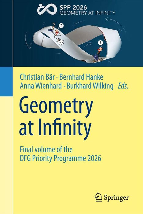 "SPP 2026 Geometry at Infinity. Illustration eines Möbiusbands mit Figuren, Buchcover von Springer."