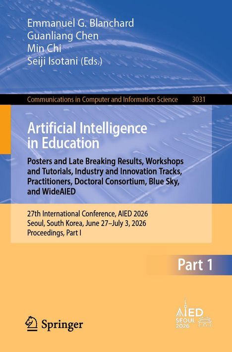Ein Buchcover mit Titeln über künstliche Intelligenz in Bildung und Details zur Konferenz AIED 2026 in Seoul.