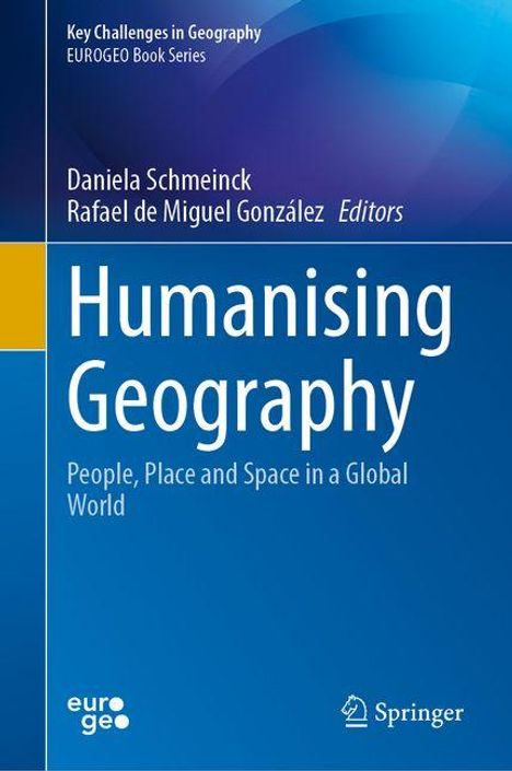 Text: "Humanising Geography: People, Place and Space in a Global World". Blaue Buchabdeckung, gelber Streifen links.