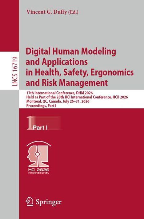 Text: "Digital Human Modeling and Applications in Health, Safety, Ergonomics and Risk Management". Cover in Rot mit Konferenzdetails.