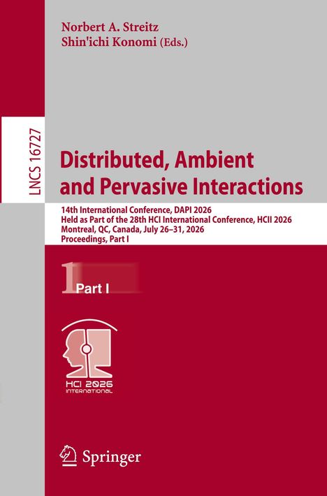Text: "Distributed, Ambient and Pervasive Interactions", Konferenzinfos. Illustration: Kopf-Silhouette mit Headset. Springer-Logo.