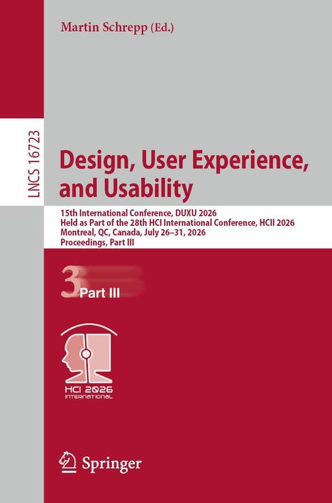 Text: Martin Schrepp (Ed.), Design, User Experience, and Usability, 15th International Conference DUXU 2026, Springer Logo.