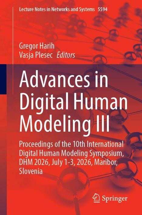 „Advances in Digital Human Modeling III“; Titel einer Veröffentlichung mit rotem Hintergrund und abstraktem Design.
